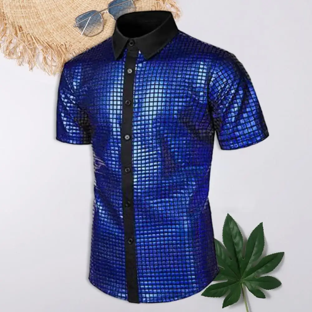 Camisa reflexiva de lantejoulas brilhante para homens, estilo vintage com gola virada para baixo, desempenho do discoteca dos anos 70