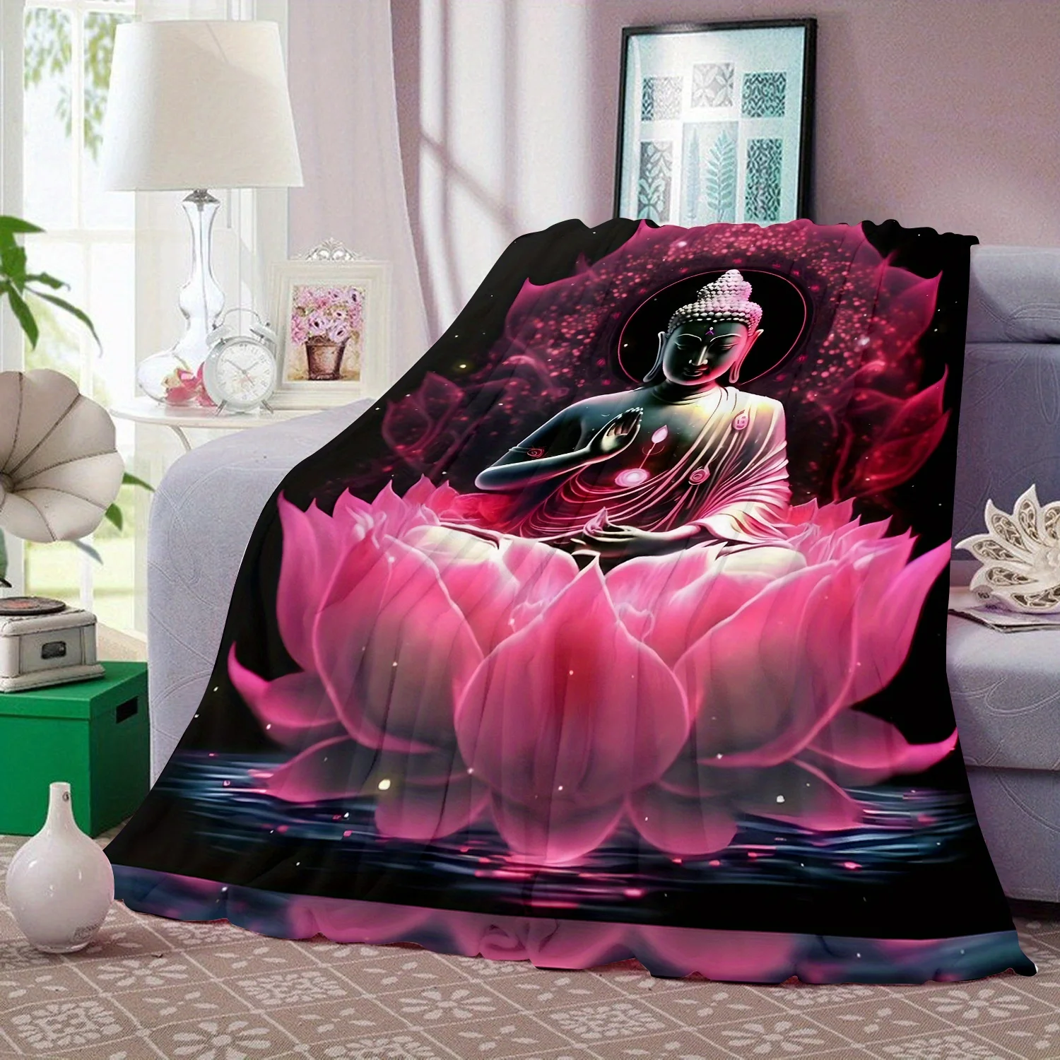 Buddha Lotus Flannel Blanket Glowing Pink Sacred Buddha Art Soft Warm Living Room Couch Wrap Serene Relaxing Decor Certified