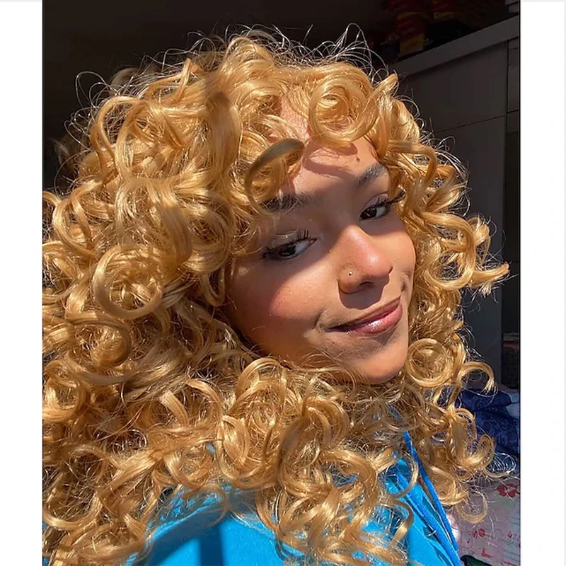 HAIRJOY Lange lockige gewellte blonde Perücken für Frauen, Cosplay, synthetische Perücke, hitzebeständige Faser, Ersatzperücke, Halloween-Party-Perücken – Detail 7