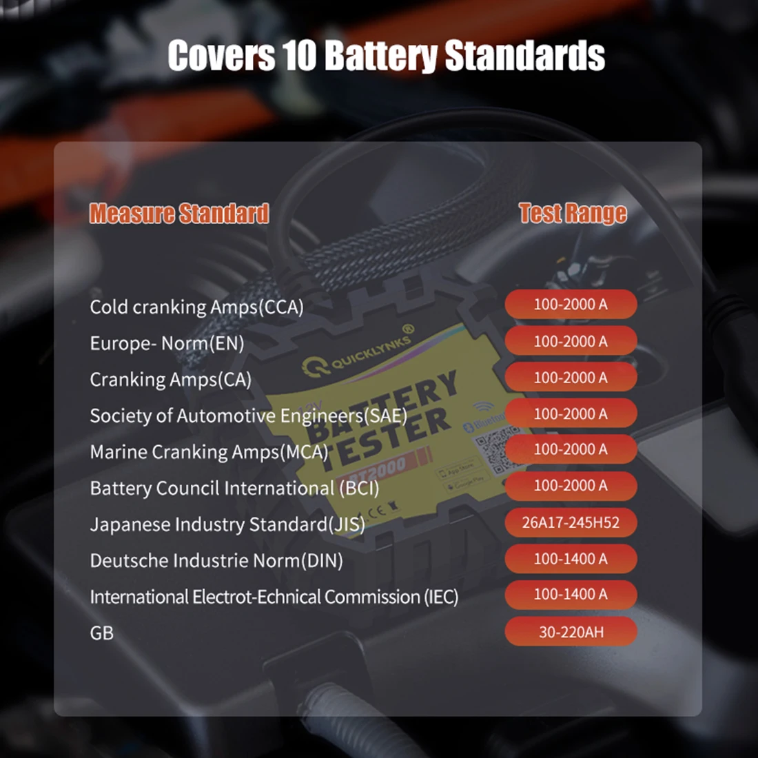 QUICKLYNKS BT2000 12V Battery Test 100-2000 CCA Bluetooth Monitor Battery Cranking&Charging Test APP For Android IOS PK BM6