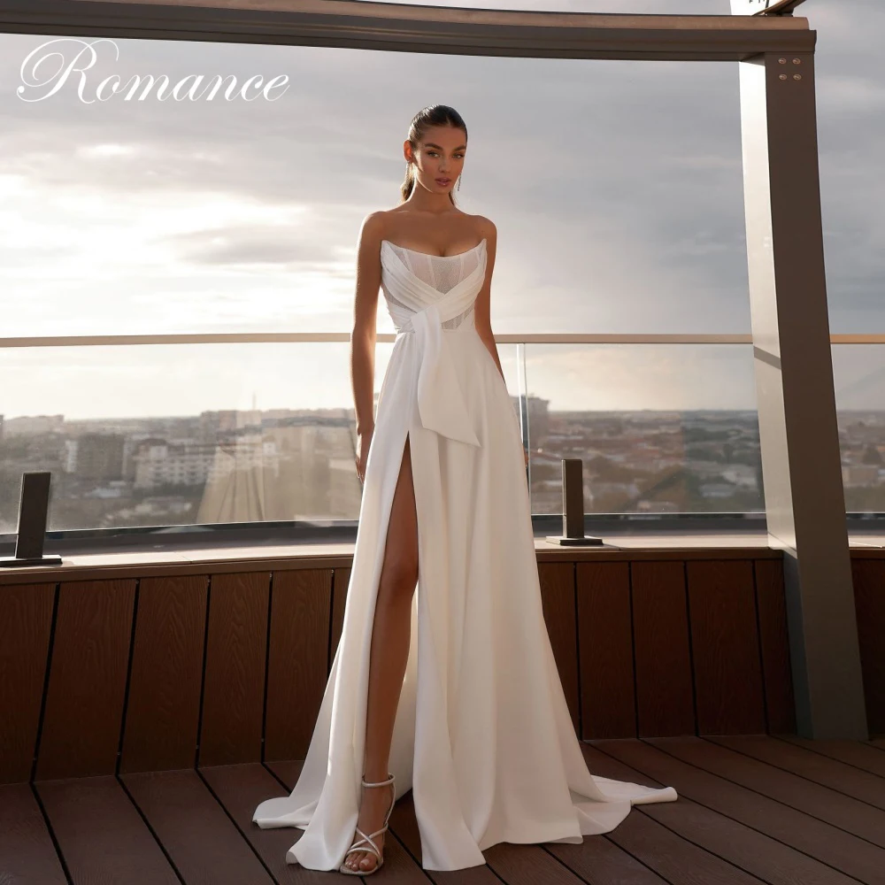 

Modern Boat-Neck Pleat A-Line Wedding Dress Women Criss-Cross Sleeveless High Side Slit Open Back Vestidos De Novia Customized