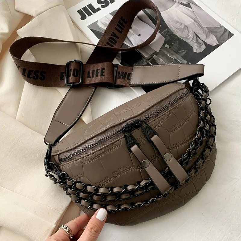 Stone Pattern PU Leather Waist Bags For Women Vintage Chain Waist Pack Female Fashion Fanny Pack Wide Strap Crossbody Chest Bag