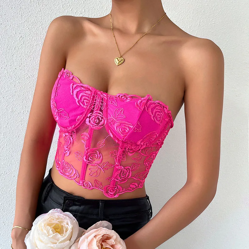 Rose Print Lace Women's Bra Sleeveless Top Summer New Sweet Female Wedding White Gauze Vest Sexy Corset Bras Comfortable Tees