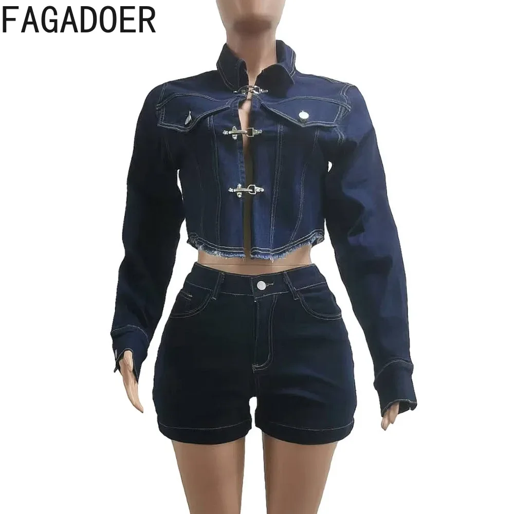 FAGADOER Retro Y2K Autumn Winter Denim 2 Piece Sets Outfit Women Long Sleeve Crop Jacket and Stretchy High Waist Shorts Suits