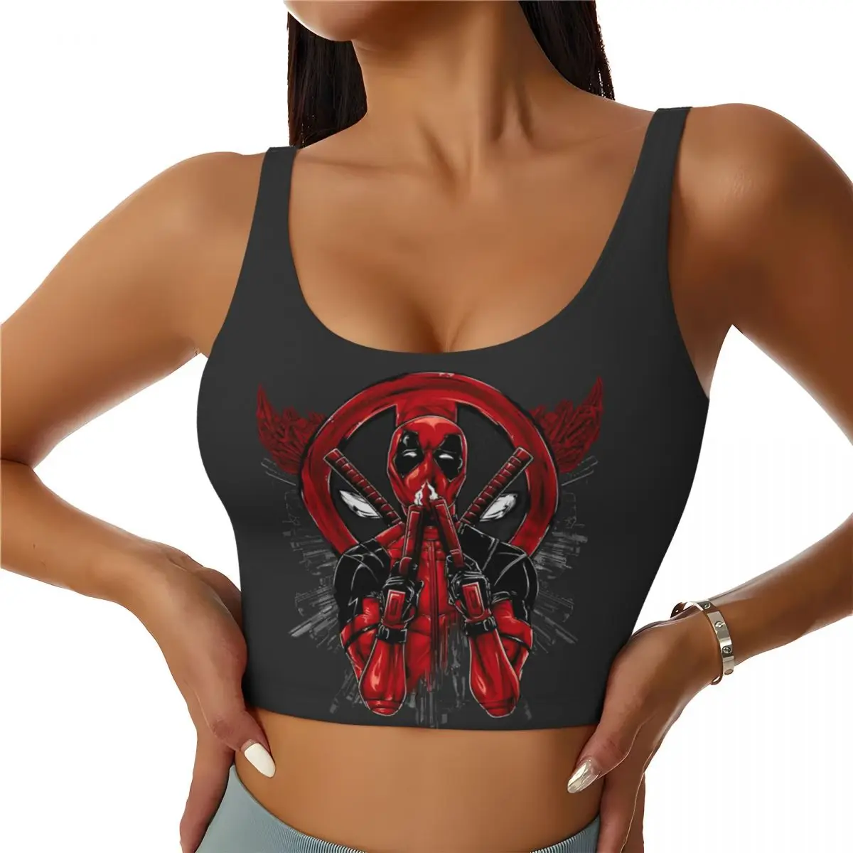 Custom Women Deadpool Superhero Sports Bras High Impact Gym Workout Yoga Crop Tank Tops