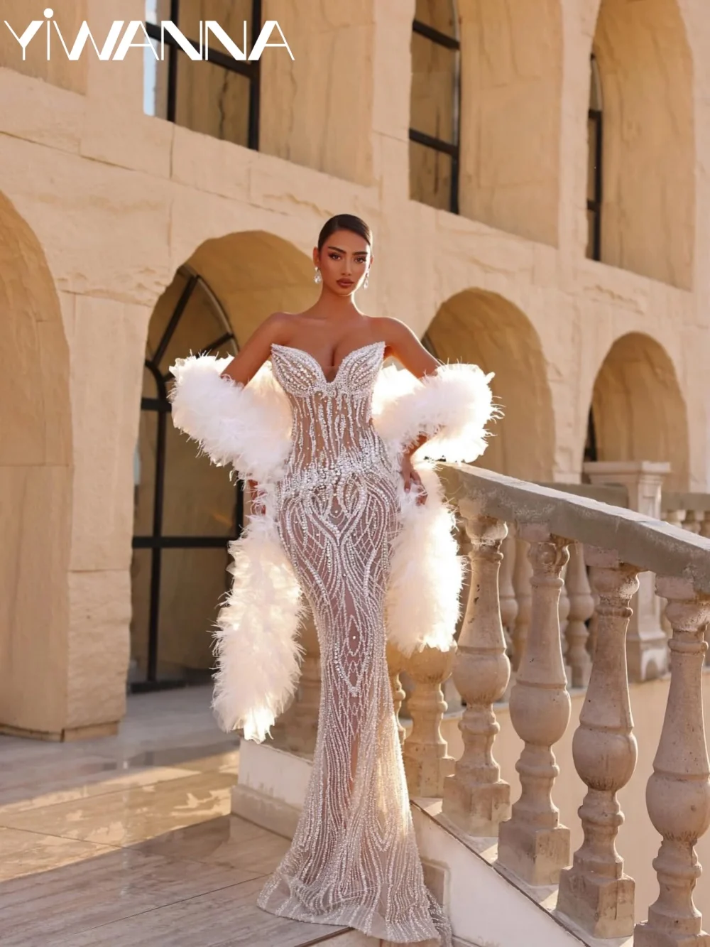 

Feathered Shawl Opulent Long Wedding Dress Shimmering Pearls Crystal Bridal Gown Customized Dreamy Illusion Dresses For Bride
