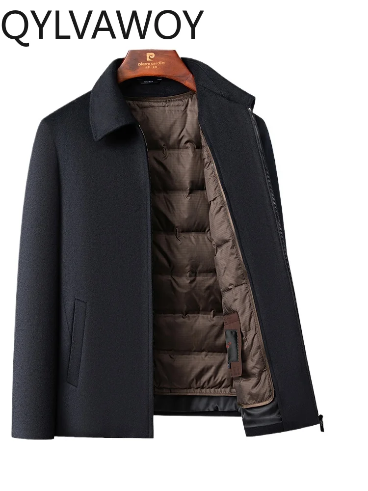 

QYLVAWOY 100% WOOL Middle-Aged Elderly Men's Cashmere Jacket Lapel Short Coat Thickened Middle-Aged Woolen Outerwear LJ2069