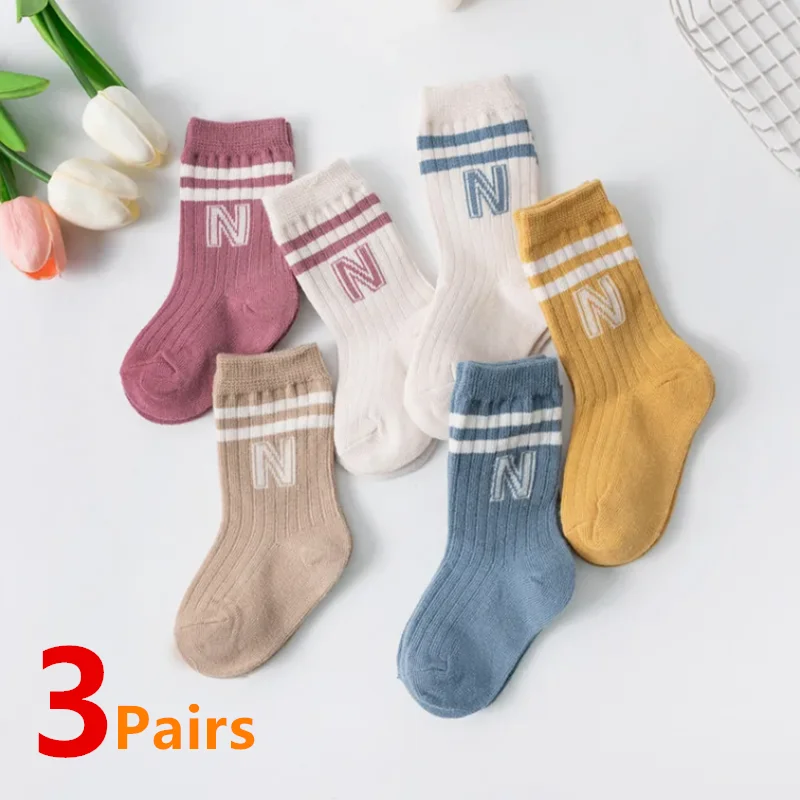 3Pairs Children Knit Soft Cotton Letter Socks Kids Long Knee High Socks Infant Toddler Baby Boys Girls Cute Stripe Socks