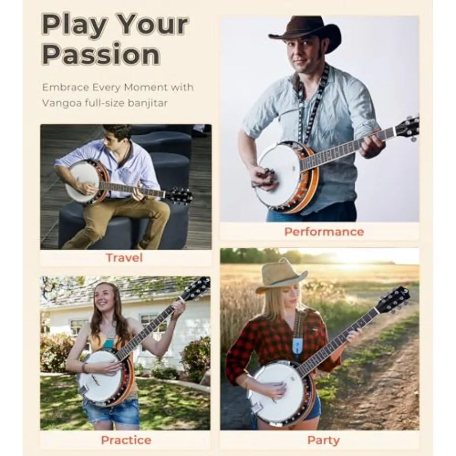 6 String Banjo Guitar Full Size, 38 Inch Banjo Guitar with Resonator Closed Back, Remo Head, Beginner Banjitar Six String Banjo