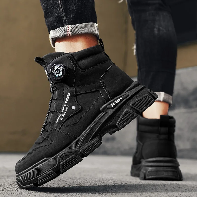 Fashion Black Men's Motorcycle Boots Casual Platform Work Boots Man Outdoor Street Biker Shoes Men Leather Ankle Boots for Men