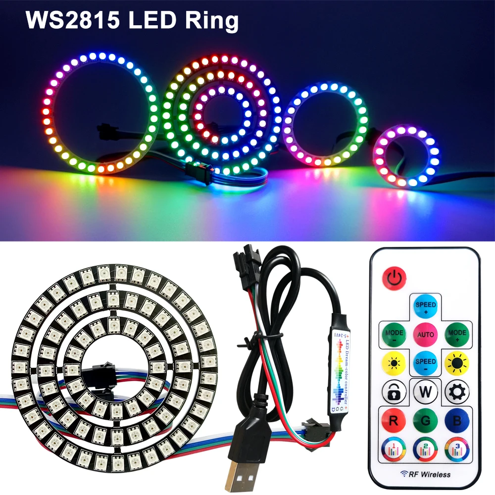 WS2815 DIY LED Ring DC12V 4Pin 16/24/35 Pixels 5050 RGB Individually Addressable Round Modules With 17Keys Music RF Controller