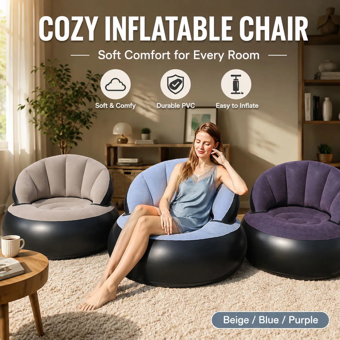 Inflatable Chair for Adults, Flocking Comfortable Lounge Chair, Ergonomic Portable Blow Up Couch for Family Gatherings, Party