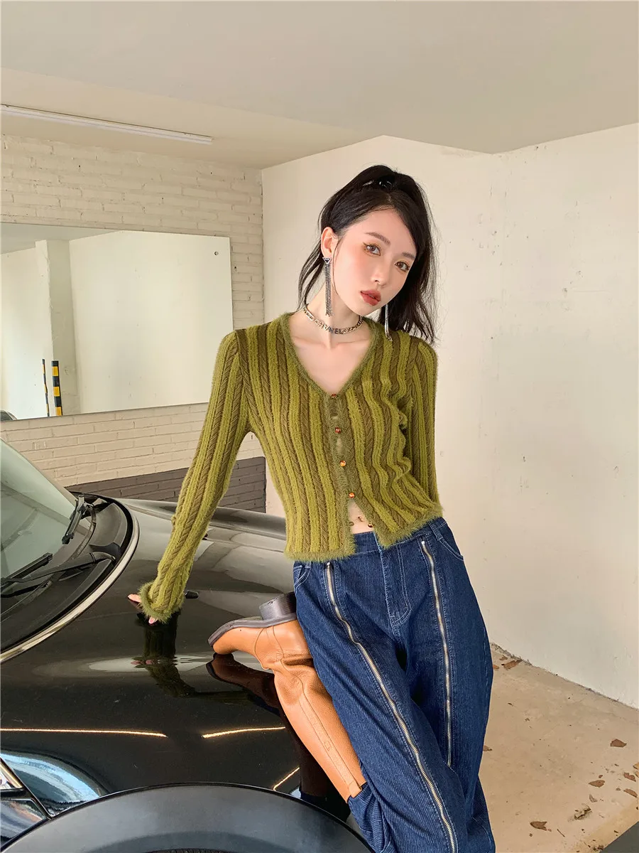 CHEERART Green Fur Trim Cardigan Button Up V Neck Cropped Knitted Sweater Korean Fashion Ribbed Fluffy Cardigan Long Sleeve