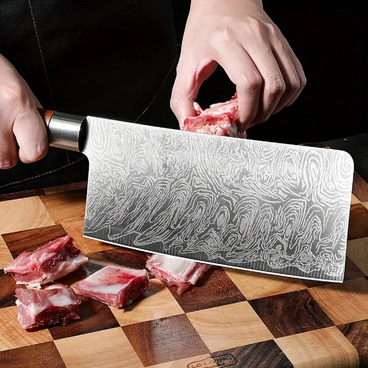 High-end laser pattern kitchen knife, chef\'s special knife imitation wood handle sharp stainless steel fruit cutter, meat cutter