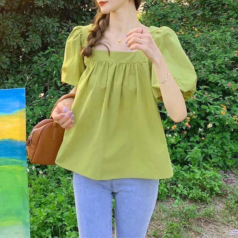 Square Collar Puff Sleeve Solid Color Shirt Women\'s Clothing Summer 2024 Fashion Female Korean Preppy Style Sweet Folds Blouses