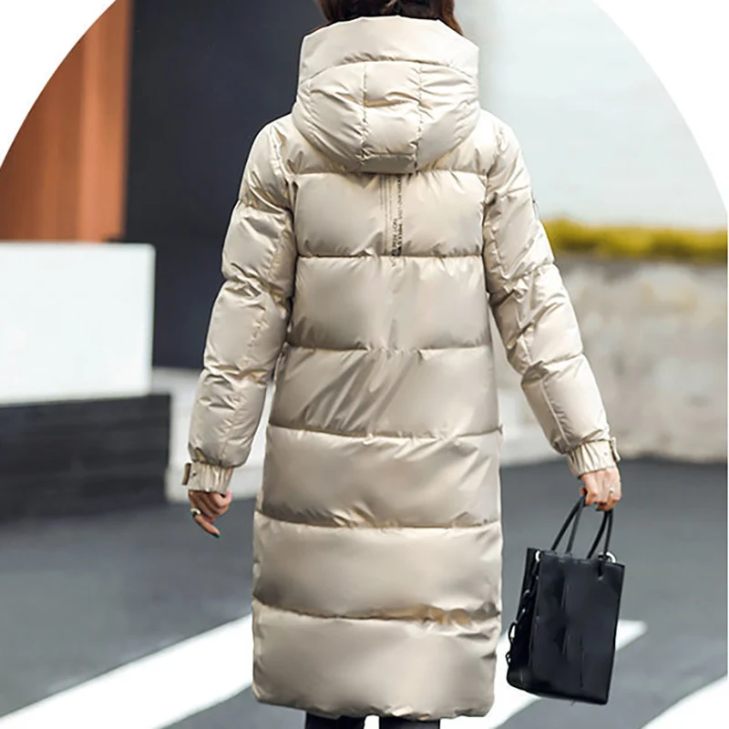 2023 Women Slim Mid-Length Cotton Coat Hooded Print Fashion Elegant Bright Face Warm Jacket Office Lady Winter Thicken Parkas