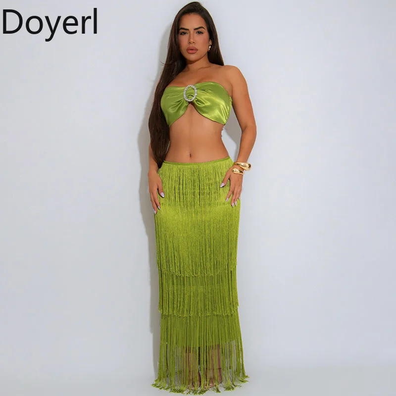

Doyerl Sexy Night Club Party Dress Sets Women 2 Piece Outfit Y2K Birthday Strapless Crop Top and Tassel Long Skirt Matching Sets