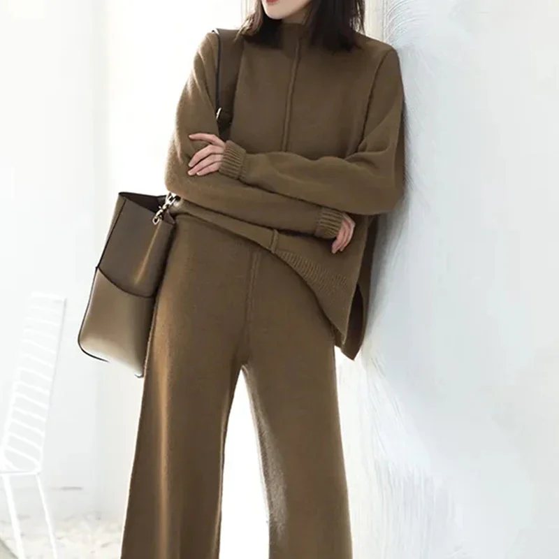 

Coffee Women's 2 Piece Sets Woole Winter 2023 Patchwork Streetwear Sweater + Wide Leg Pant Ladies Autumn Oversized Pants Sets