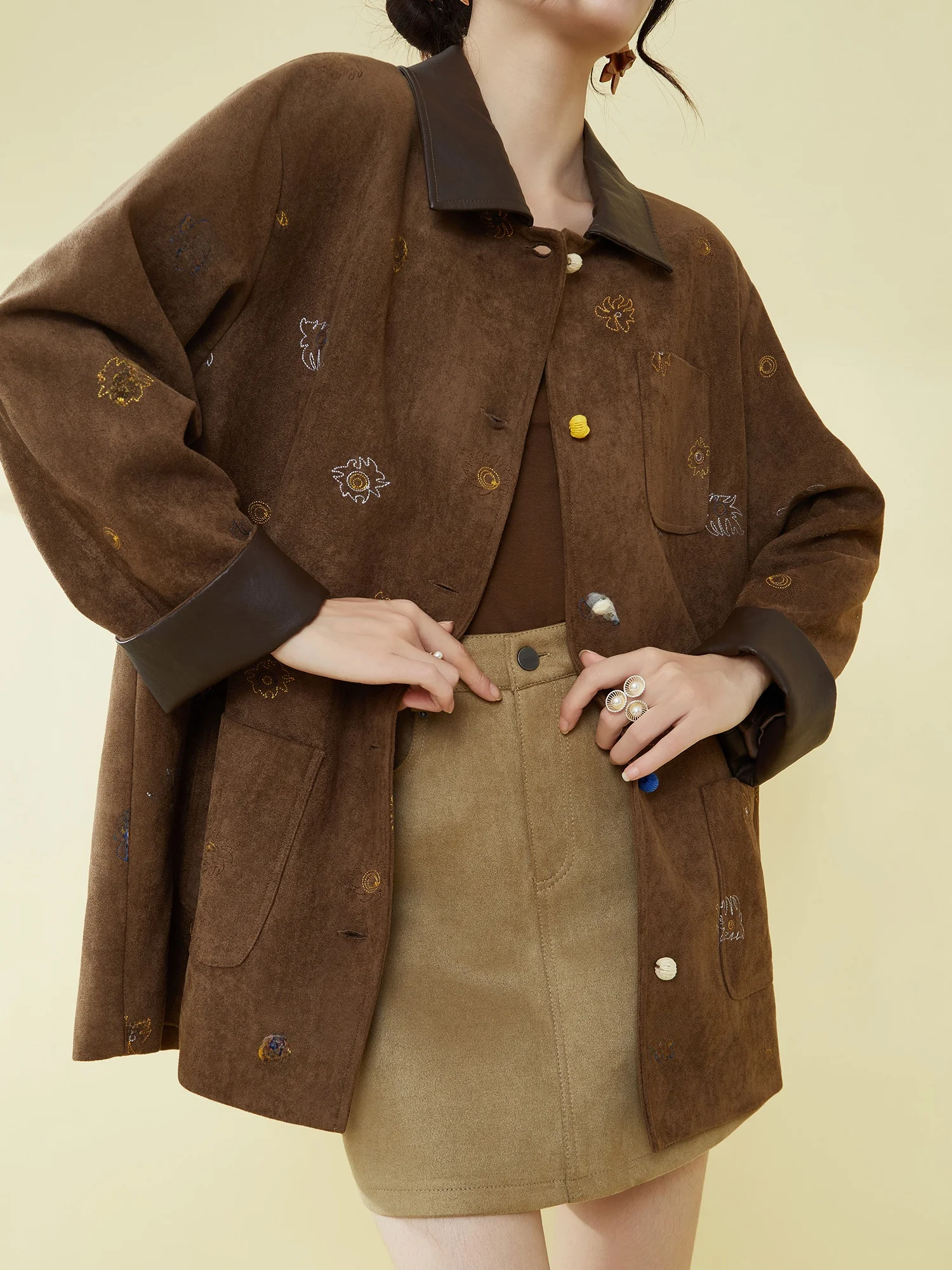 

FlowingEra Vintage Embroidered Jaet Women's Autumn Winter New Sle High Collar Coat Fluffy Polyester Fiber Plant Floral Pa...