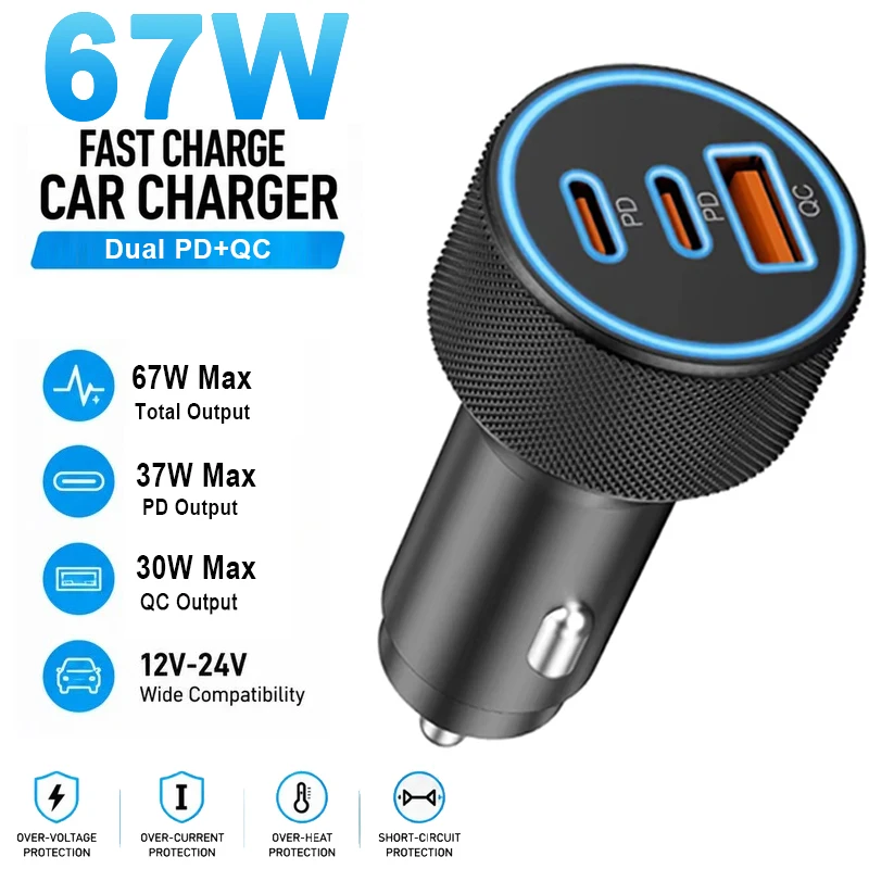 67W Car Charger USB QC Quick Charge Dual PD Phone Charging for iPhone 15 Pro 14 Xiaomi Samsung Fast Charger Charging Adapter
