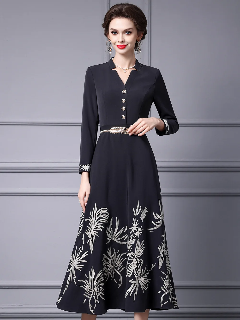 ZJYT Women's Vintage Embroidery Long Dresses Spring 2025 New Designer Full Sleeve Black Evening Prom Dress with Belt Vestidos