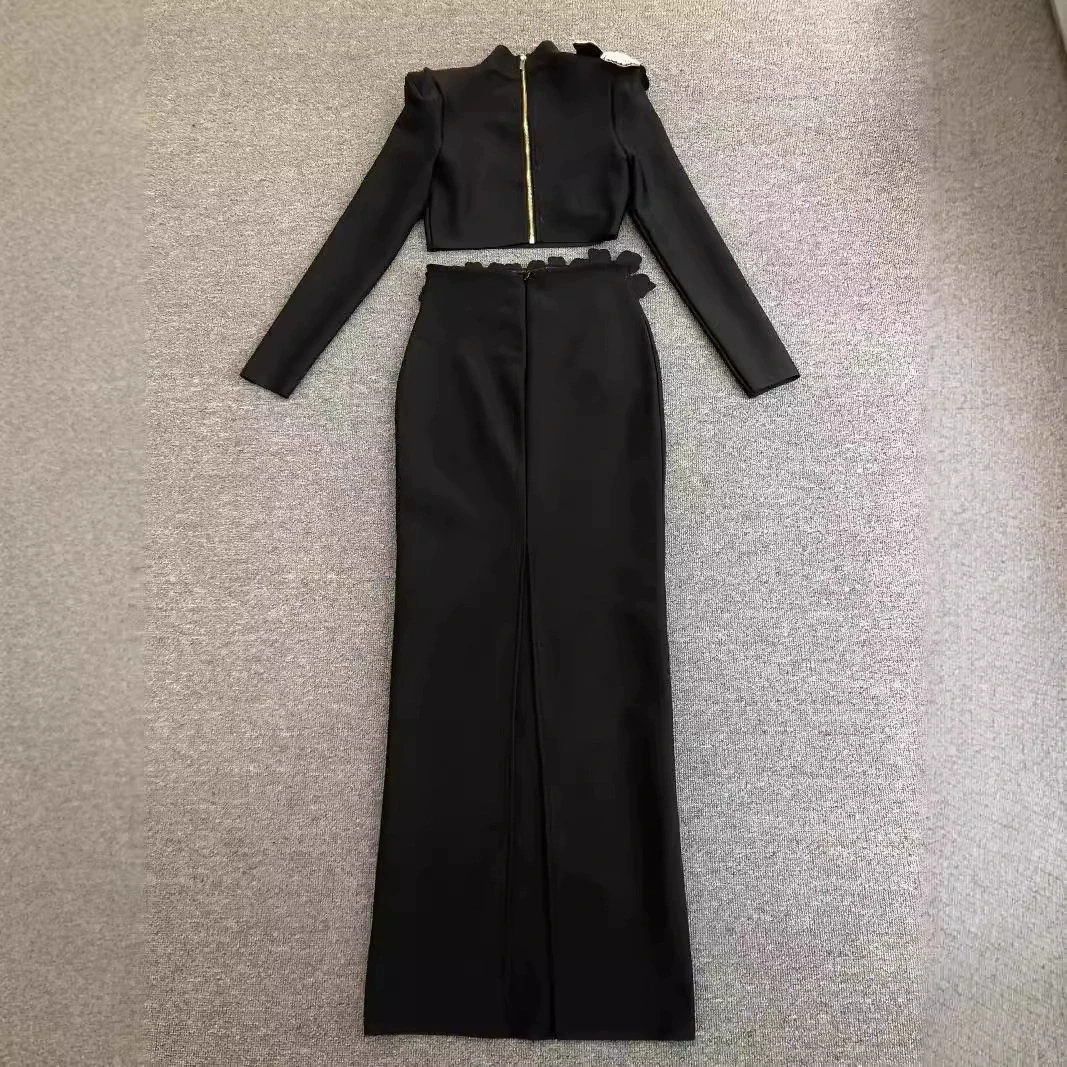 Fashion suit: half turtleneck long-sleeved floral rhinestone short top & hip-wrapped long skirt black two-piece suit-GZXX859