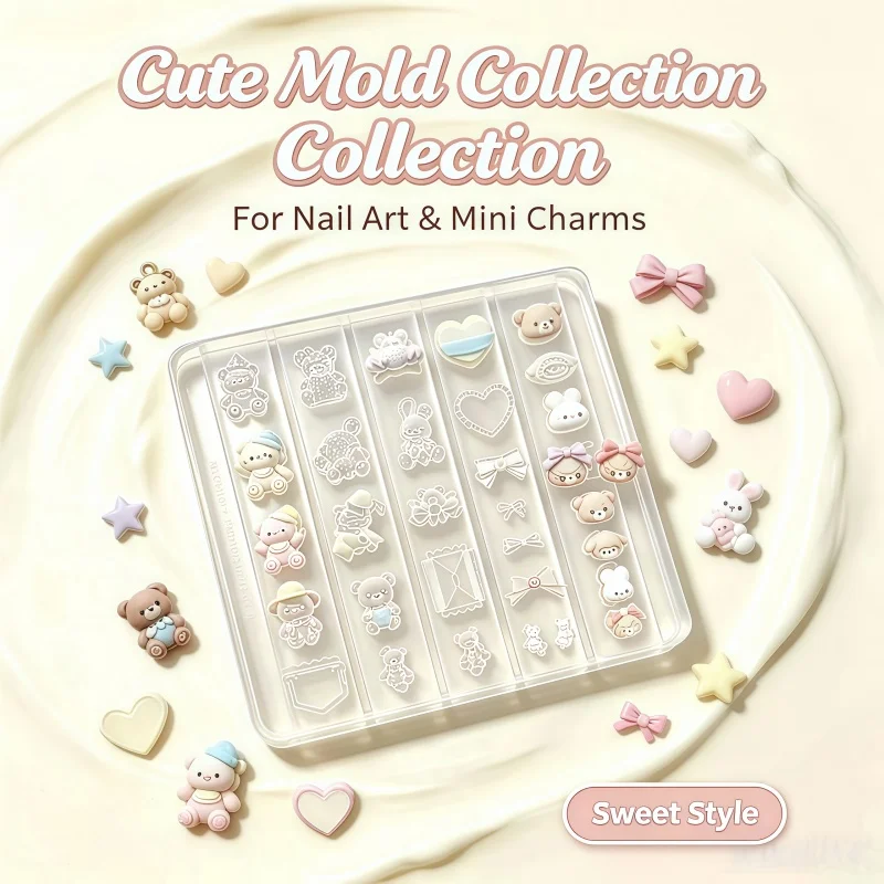 A Cute Little Bear Bunny Heart-Shaped Bow Lace Book cartoon Animal Nail Decoration DIY Transparent Silicone Mold