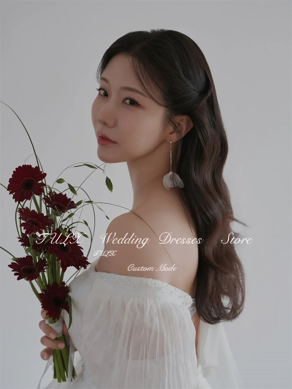 TULX Avorio Chiffon A line Abito da sposa lungo Corea Servizio fotografico Colletto quadrato Manica lunga Abiti da sposa Personalizzato Garona 2026