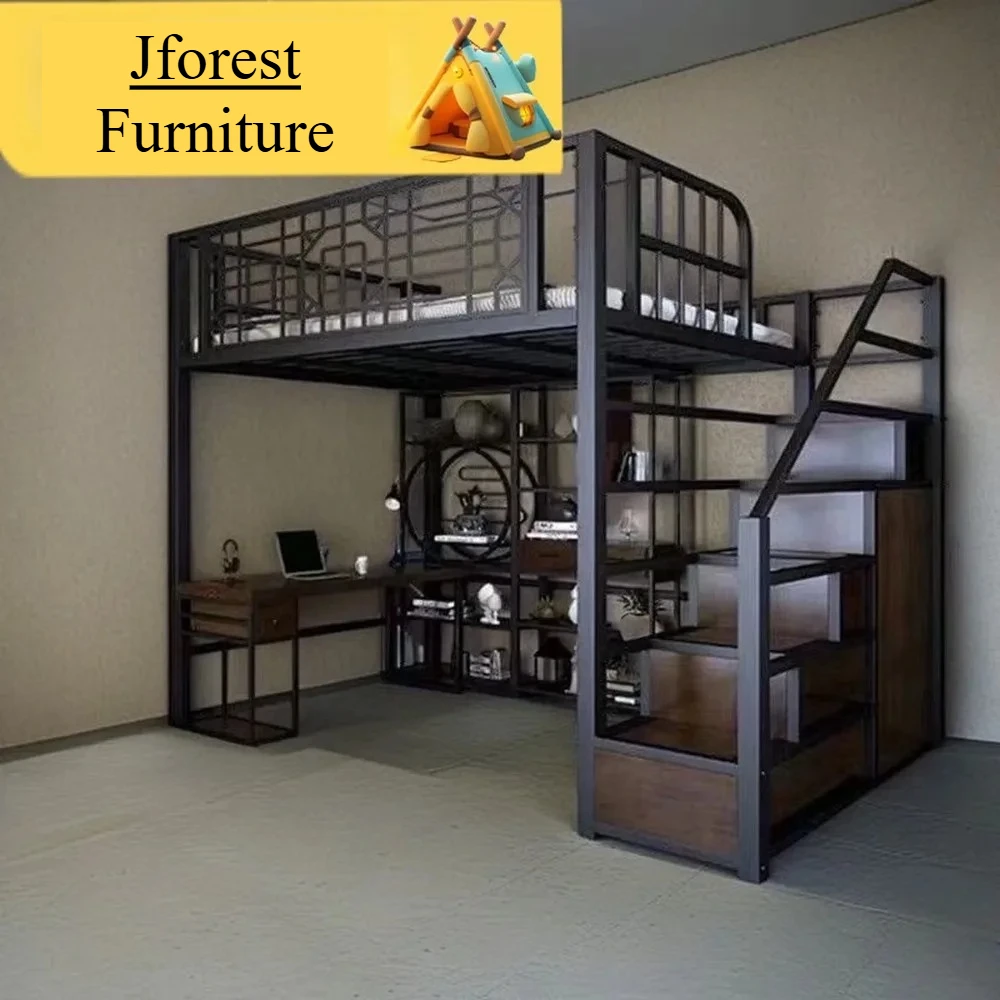 Space-Saving High Sleeper Metal Loft Bed Chinese Style Single Bed with Desk for Small Rooms Sturdy Metal Frame Dorm Furniture