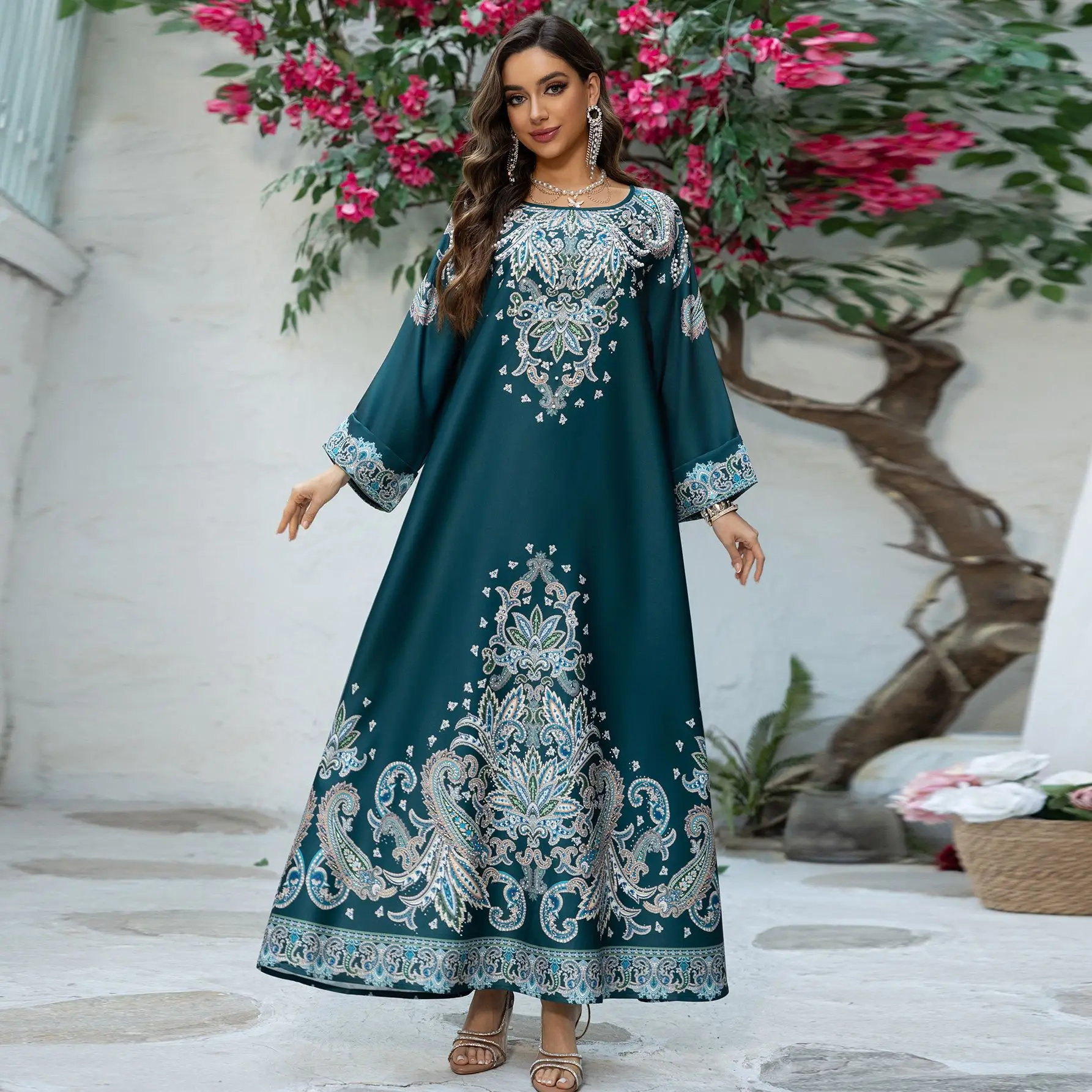 

Eid Morocco Party Print Abaya Dubai Muslim Women Maxi Dress Turkey Islamic Arabic Kaftan Robe Jalabiya Evening Gowns Jalabiya
