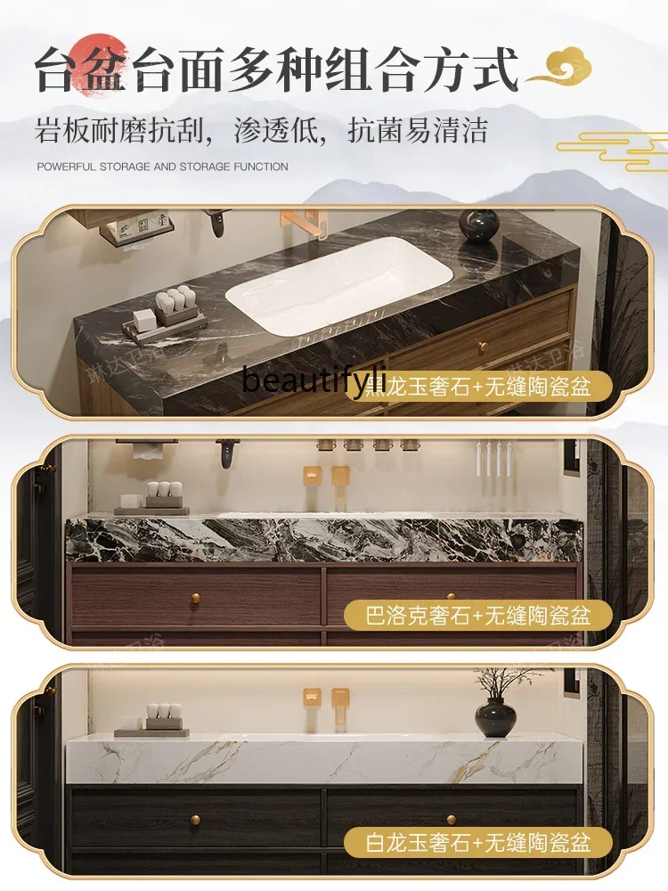 Y13 Medieval style bathroom cabinet combination luxury stone seamless basin walnut washstand wash basin