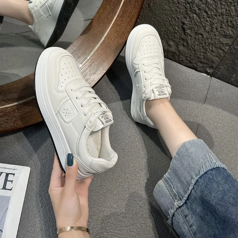 Women's Single Shoes Summer New Flat Round Head Shallow Lace-up Sports Shoes Casual Comfort Increase Non-slip Small White Shoes