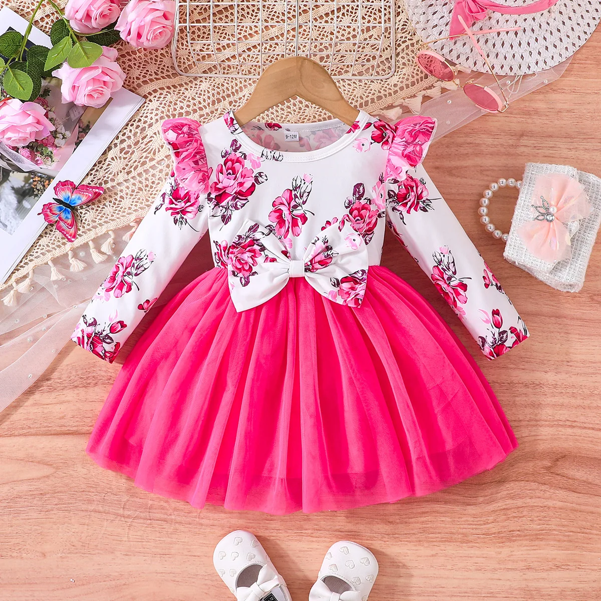 Winter 2024 Girls Dress Girls Long Sleeve Ruffles Print Floral Bow Pink Cute Preepy Look Birthday Party Dresses Vestidos 6M-3T