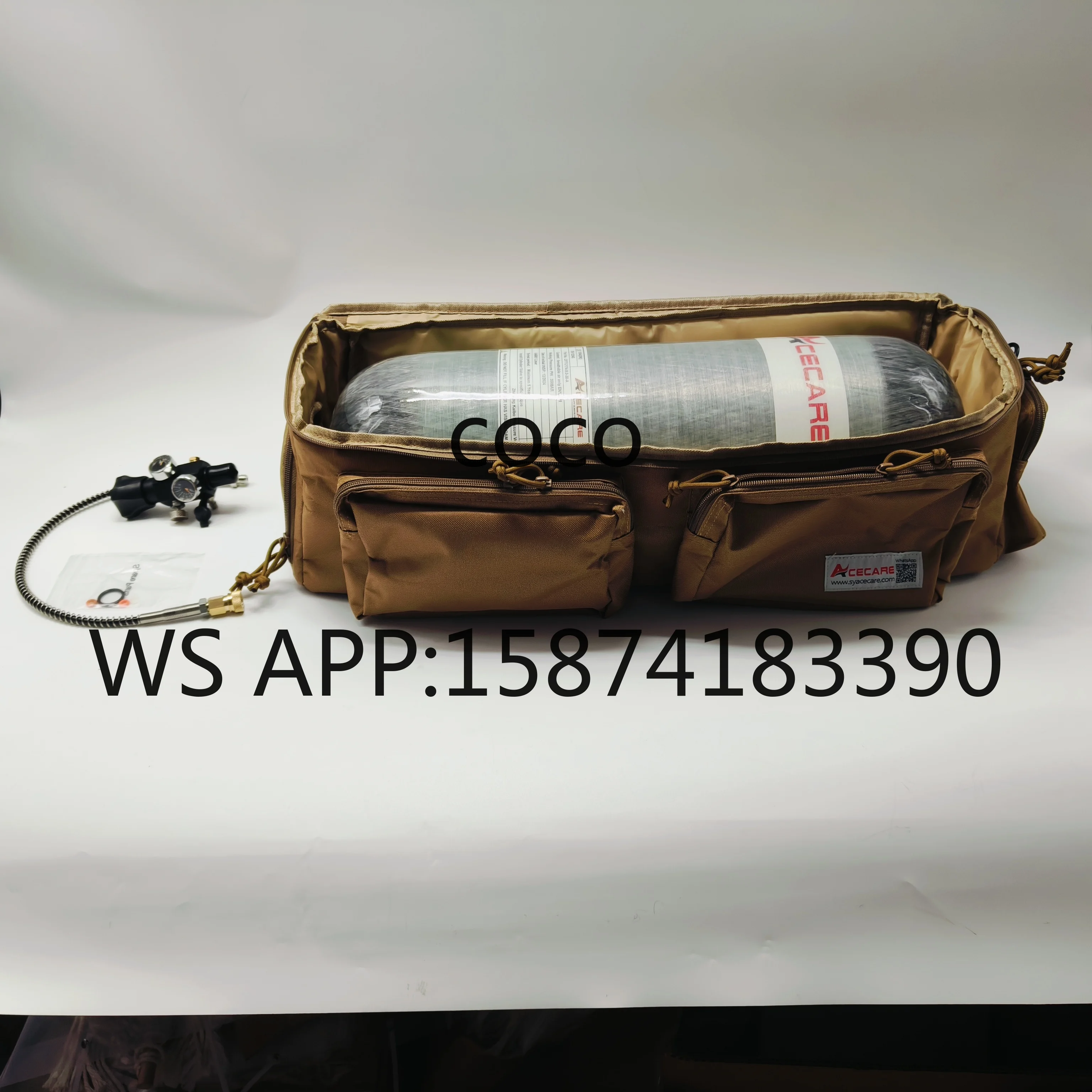 9L Carbon Fiber Cylinder Set, Acecare Air Tank with Dual Gauge Valve and Khaki Multi-Pocket Carry Bag
