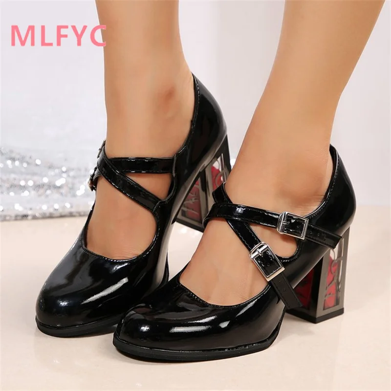 

High heels, Mary Jane single shoes, pointed and shallow cut new European and American style French thick heeled women's shoes