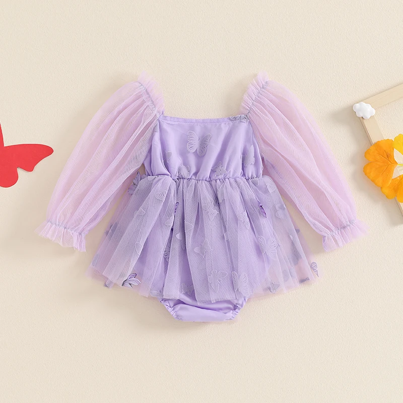 Baby Mädchen Mesh Stram pler Kleid Schmetterling Druck Langarm Overalls für Neugeborene Kleinkind süße Kleidung