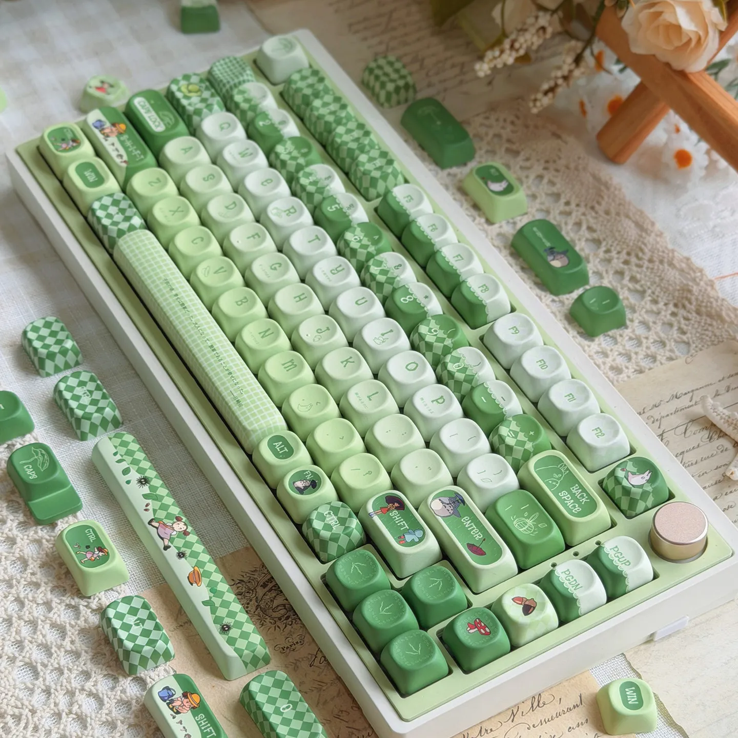 MAIMOOO Matcha Green Keycaps Cute Cartoon Keycaps PBT Five sided Heat Sublimation MOA for Mechanical Keyboard Anime Keycaps