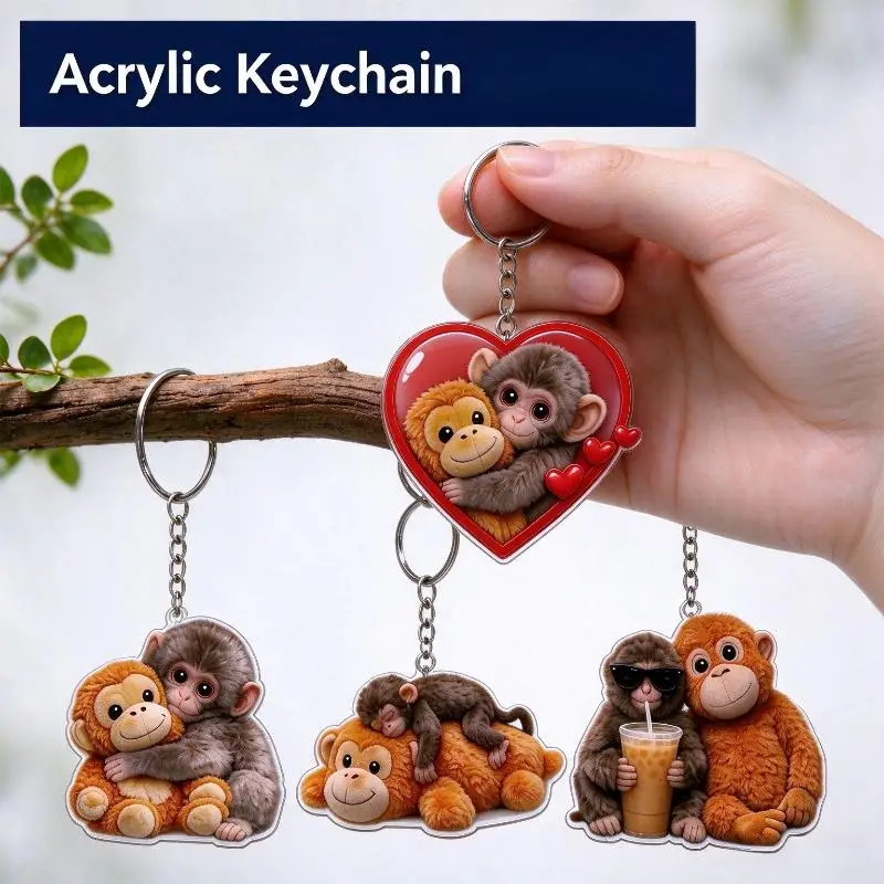 Cute Hug Couple Monkey Acrylic Keychain Double‑Sided Print Animal Bag Pendant Charm For Car Key Purse Backpack Decor Gift