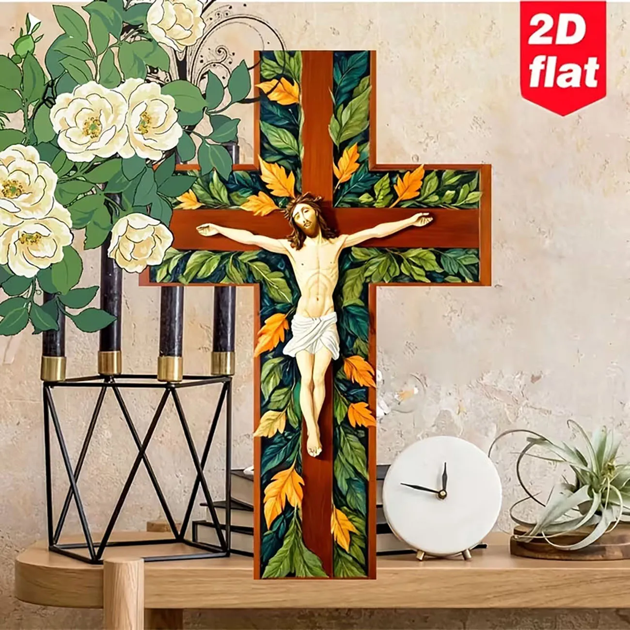 Wooden Jesus Crucifix Cross Wall Decor 2D Flat Print Religious Wall Hanging Ornament for Home Chapel Decoration