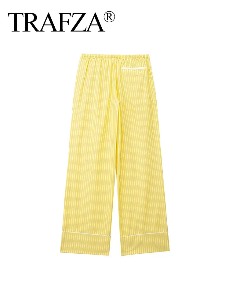 TRAFZA 2024 Stylish Summer Women\'s Yellow Striped Straight Long Pants Versatile High Waist Drawstring Cozy Loose Casual Trousers