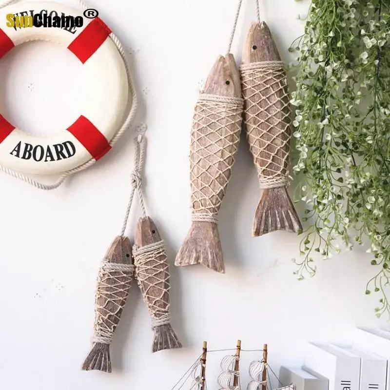 Mediterranean Style Hand Carved Wooden Wood Fish Ornaments Wall Sculptures for Home Hanging Decor Decor  2pcs/set Decoration