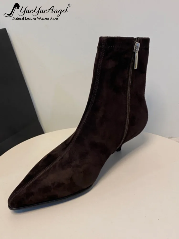 

Retro Female Genuine Leather Pointed Toe Zipper Stiletto Ankle Boots Solid Color Cow Suede Hard Wearing Platform Footwear