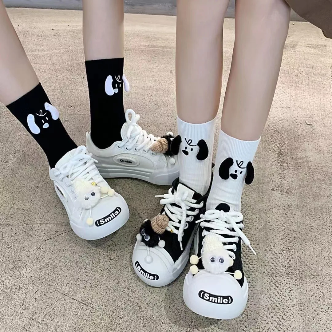 Cute Doll Socks Women's Medium Tube Socks Same Style Black White Ears Puppy Pile Socks Vertical Pattern Socks