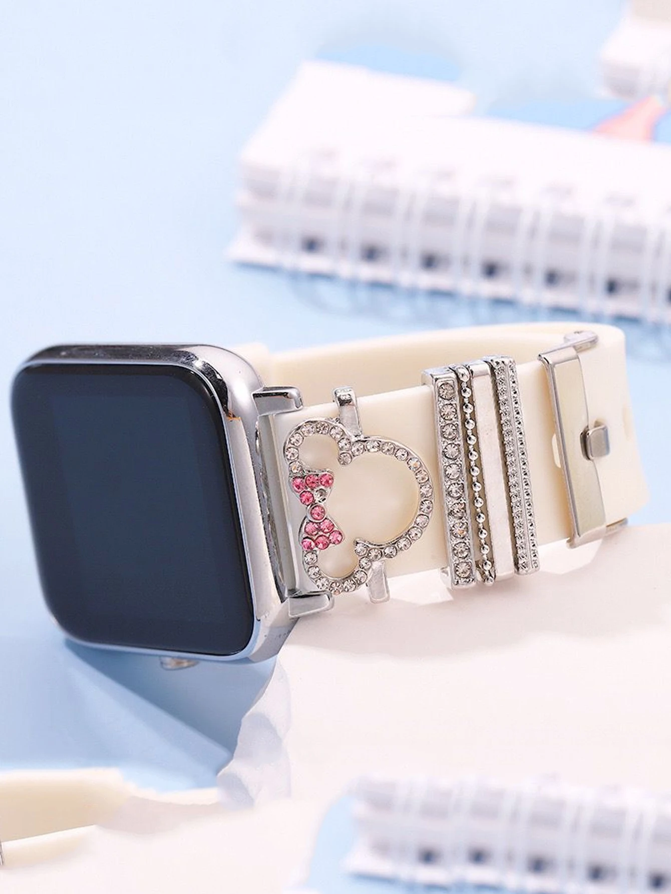 حلقة زخرفية معدنية جذابة لحزام الساعة ، زخرفة ماسية كرتونية ، إكسسوارات حزام سيليكون لسوار iWatch ، 5 *