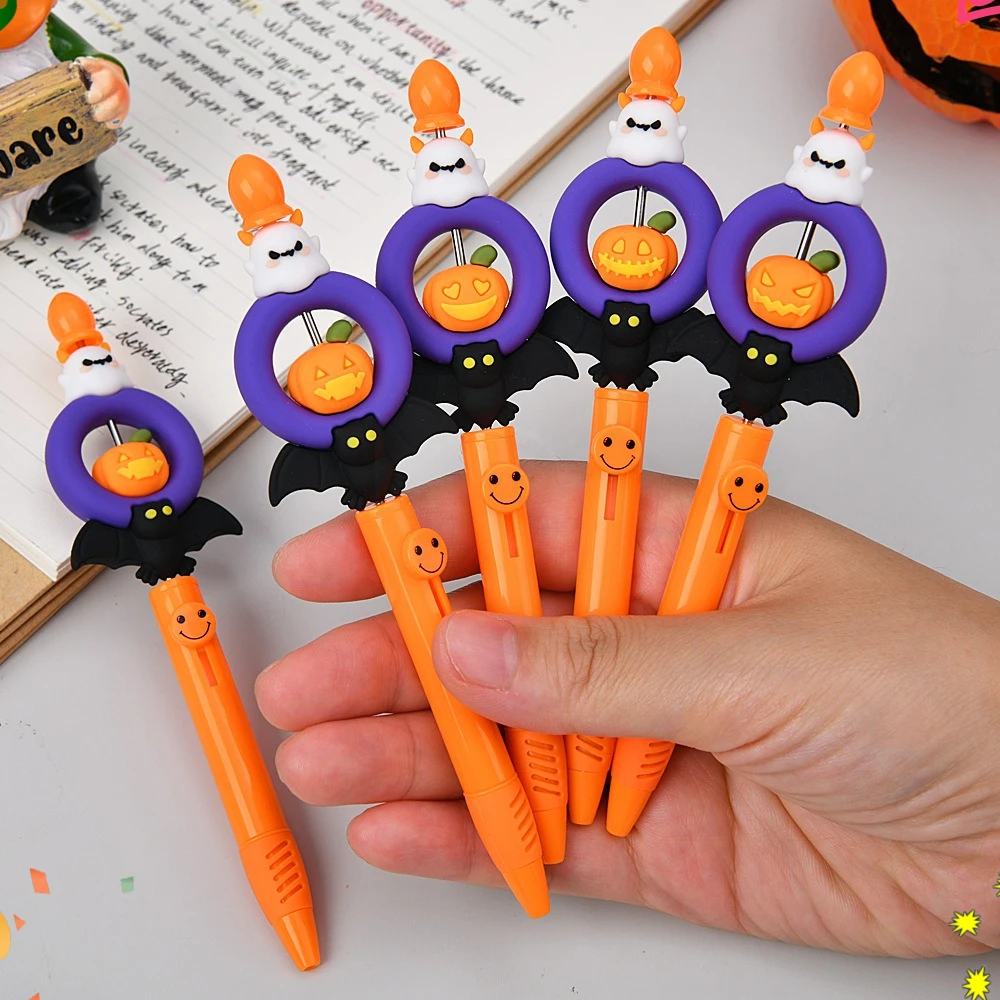 

24 Pcs Halloween Series Beaded Neutral Pen Rotary Le Gel Pen Double Bead Spring Head Quick Drying Black Writing Supplies