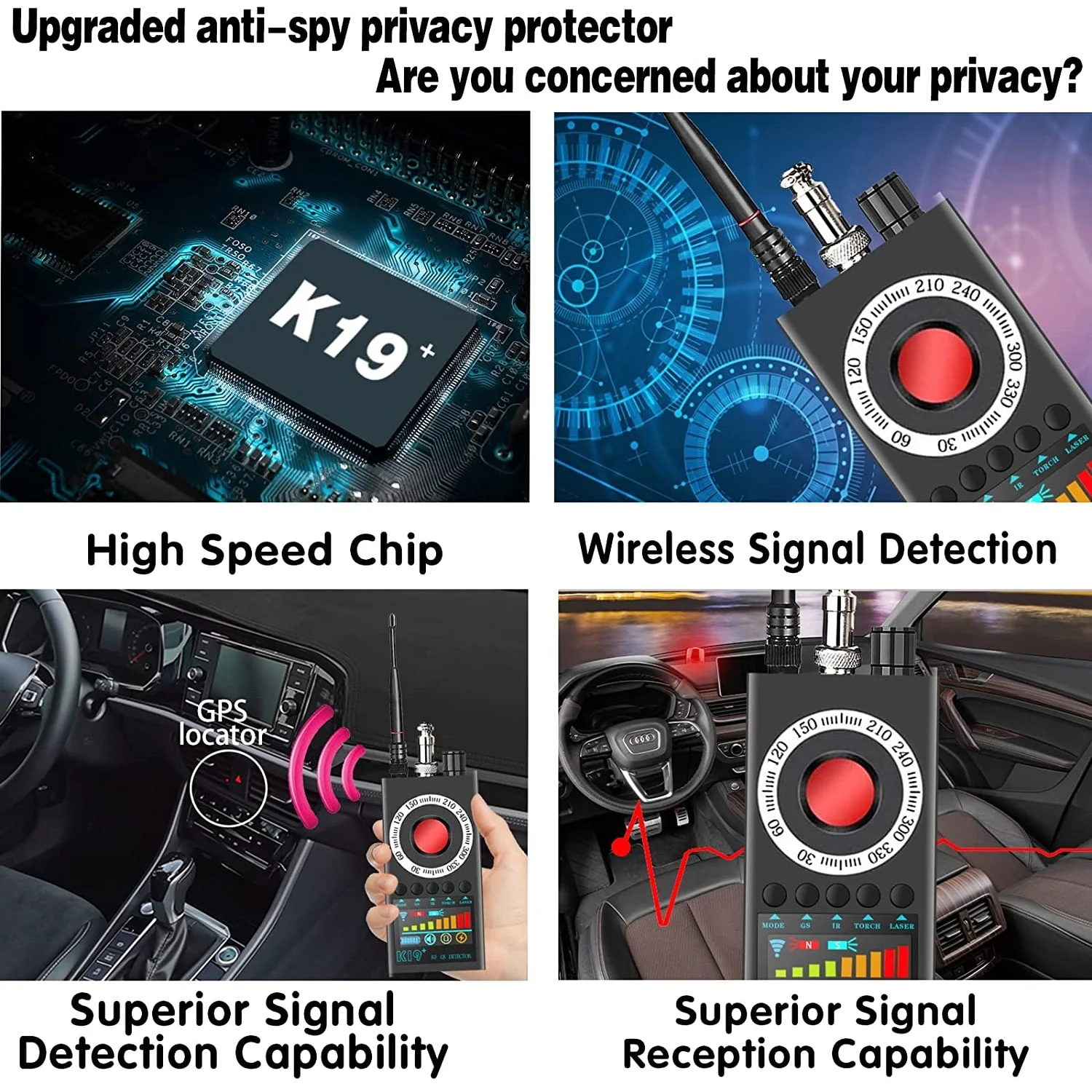 Novo k19 + escuta detector de câmera escondida rf sem fio gsm sinal de som escuta telefônica rastreador gps espião cam detector bug finder