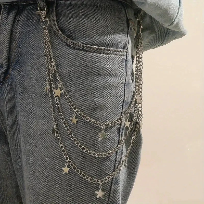 Men personality Star Charm Layered Street Style Pant Jeans Chain Belt women Punk pentagram decorative belt