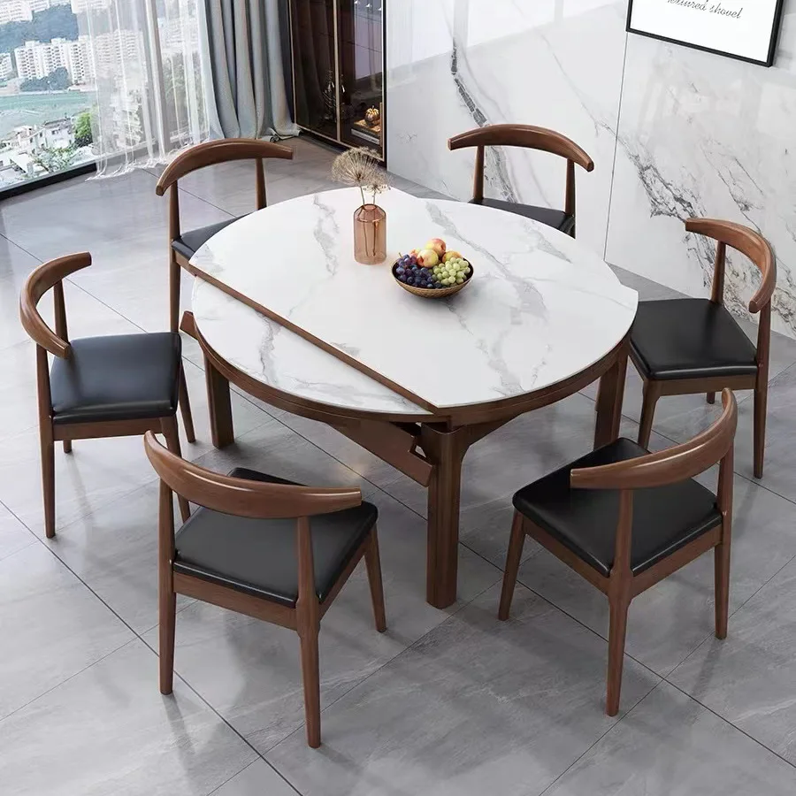 Nordic slate solid wood dining table, folding round table household dining table