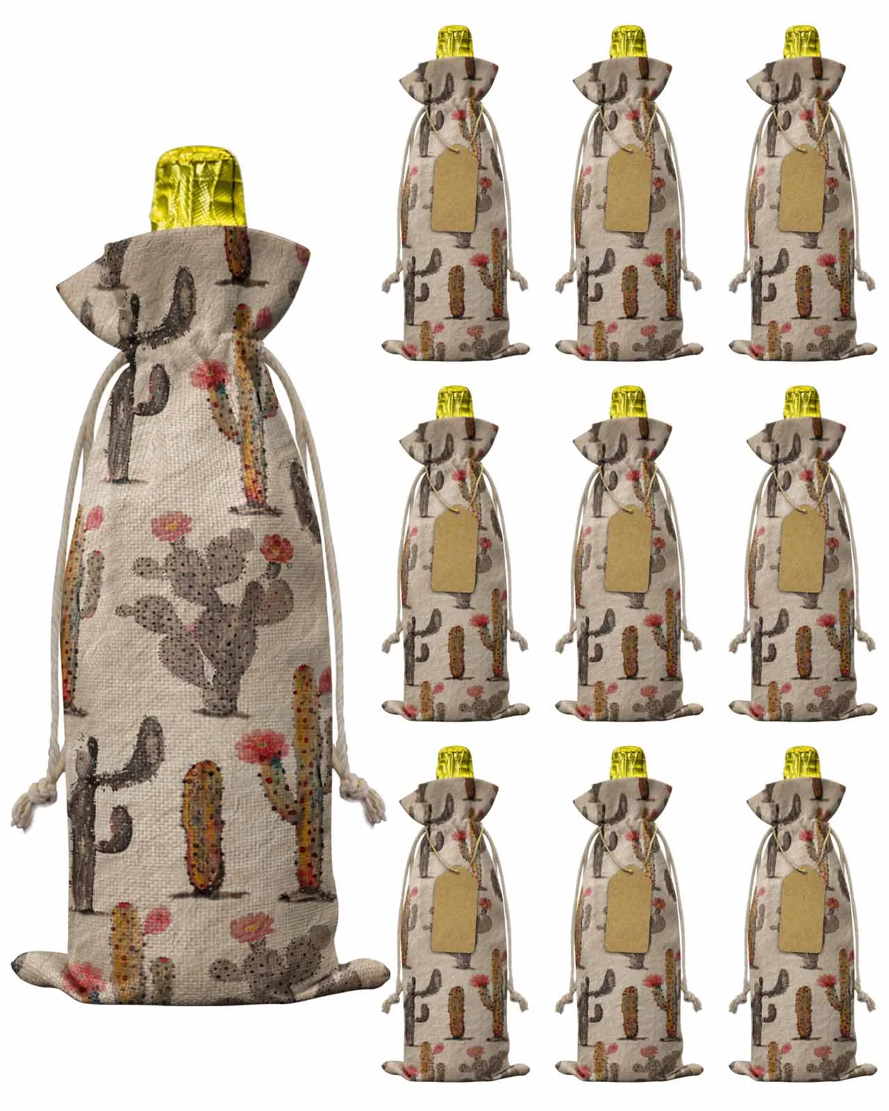 10pcs Cactus Flower AgingWine Bottle Bag with Drawstring Festive Party Decor Wine Bottle Covers Gift