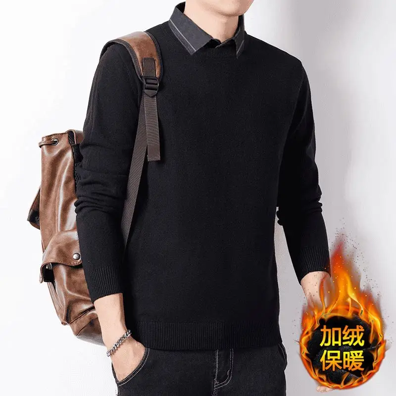 Autumn and Winter Tops Shirt Collar Men's Fake Two-piece Sweater Bottoming Velvet Thickened Sweater Long-sleeved Pullover